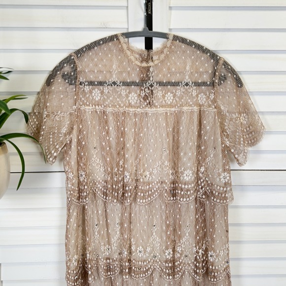 Vtg 80s Rina di Montella Silk Lace Tiered‎ Midi Dress Tan Rhinestone Size 6 - Picture 2 of 9